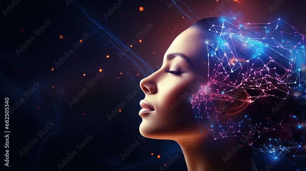 Poster Big data, machine learning and artificial intelligence concept with outline of human face made from neural network flow on blank background with space for advertising poster. 3D rendering, mockup