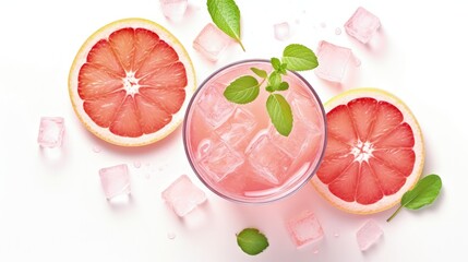 Fototapeta premium Pink cocktail with vodka, grapefruit and ice, soft cocktail, refreshing summer drink, isolated on white, top view