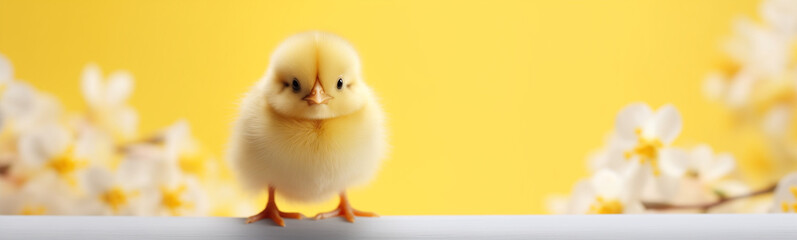 baby chick next to flowers, copy space for text, easter egg hunt, easter holiday, isolated, easter background