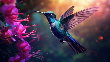 Hummingbird violet Sabrewing, big blue bird flying next to beautiful pink flower with clear blue...