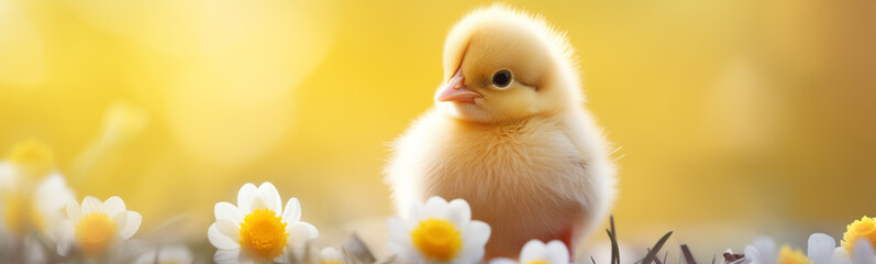baby chick in the flowers, easter egg hunt, easter holiday, isolated with copy space, easter background