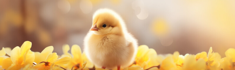 baby chick in the flowers, easter egg hunt, easter holiday, isolated with copy space, easter background