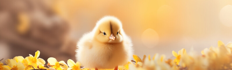 baby chick in the flowers, easter egg hunt, easter holiday, isolated with copy space, easter background