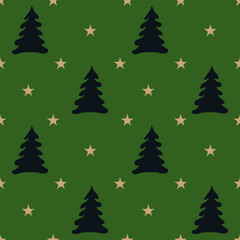 Seamless background with silhouettes of Christmas trees and stars. Pattern for wrapping paper