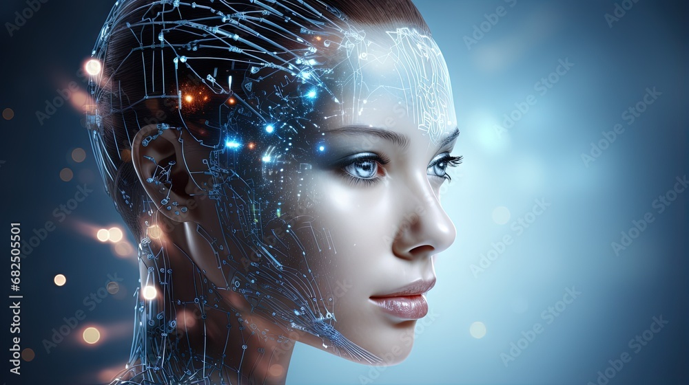 Poster Big data, machine learning and artificial intelligence concept with outline of human face made from neural network flow on blank background with space for advertising poster. 3D rendering, mockup