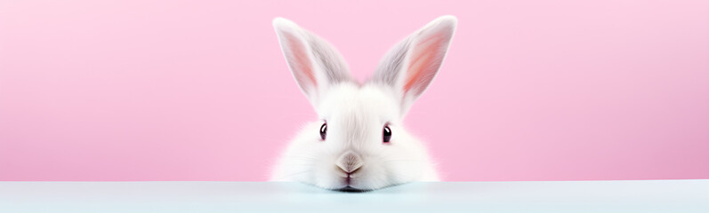 Obraz premium Cute Easter Bunny Pet Rabbit With Copy Space For Easter Background, Isolated White Bunny Background, Pastel Colors, Easter Celebration