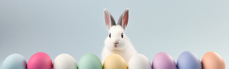 Title: Cute Easter Bunny Pet Rabbit With Easter Eggs, Copy Space For Easter Background, White Bunny Background, Pastel Colors, Easter Celebration, Easter Egg Hunt