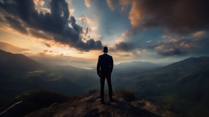 Silhouette of a businessman standing on top of a mountain and looking dramatic sky