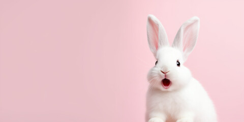 Cute Easter Bunny Pet Rabbit With Copy Space For Easter Background, Isolated White Bunny Background, Pastel Colors, Easter Celebration