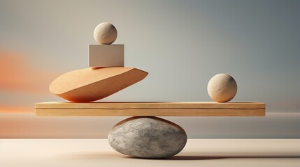 Primitive elements in balance . Confidence and impossible balance concept . This is a 3d render illustration . - obrazy, fototapety, plakaty