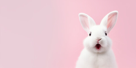 Cute Easter Bunny Pet Rabbit With Copy Space For Easter Background, Isolated White Bunny Background, Pastel Colors, Easter Celebration