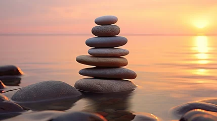 Tuinposter Vertical İmage, Stacking rocks on the beach, Balanced pebble pyramid silhouette at sunset. Zen stones on the beach, meditation, spa, harmony, calmness, balance concept. © HN Works