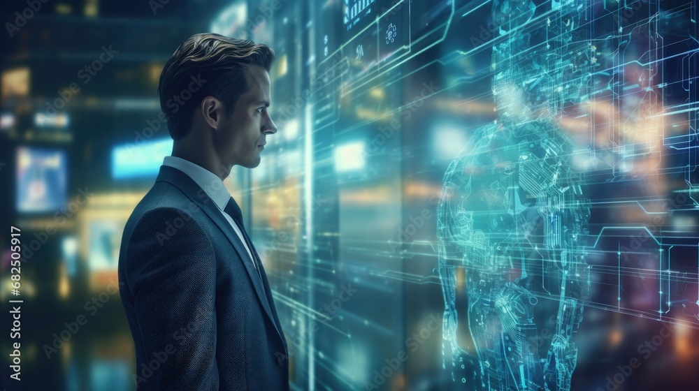 Leinwandbilder Chat with AI or Artificial Intelligence technology, business man use AI smart technology by inputting, deep learning Neural networks to understand, respond to user inputs. future technology
