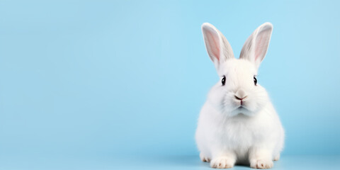 Cute Easter Bunny Pet Rabbit With Copy Space For Easter Background, Isolated White Bunny Background, Pastel Colors, Easter Celebration