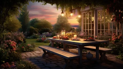 Poster table for lunch outside in the garden in the courtyard with the lights of a country house at sunset. landscape design in the cottage. © HN Works