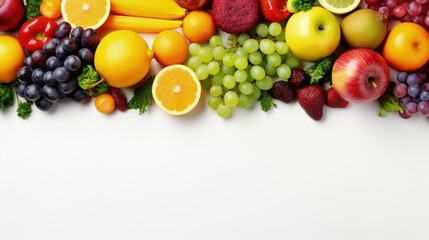Naklejka na ściany i meble Healthy eating concept, assortment of rainbow fruits and vegetables, berries, bananas, oranges, grapes, broccoli, beetroot background on white table arranged in rectangle, top view, selective focus