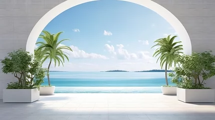 Poster Concrete floor terrace and white ventilation block wall in luxury hotel or beach house. 3d rendering of arch gate near green grass lawn with sea view. © HN Works