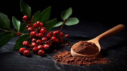 Guarana natural biostimulant. Guarana powder in a wooden spoon on a black slate background.Natural tonic. Alternative medicine and homeopathy.Supplements and vitamins. sports nutrition.