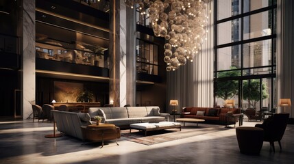 Concept of generic modern luxurious lobby for hotel with comfortable sofas, arm chairs and moody lighting