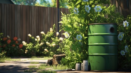 A green rain barrel to collect rainwater and reusing it to water the plants and flowers in a backyard with a wattle fence made of willow branches on a sunny day - obrazy, fototapety, plakaty