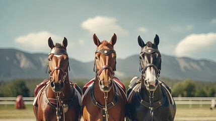 Three hobby horses are waiting for the riders. Equestrian sports. Equestrian equipment. Sports. Summer. The sun. Banner. Outdoors. Close-up - obrazy, fototapety, plakaty