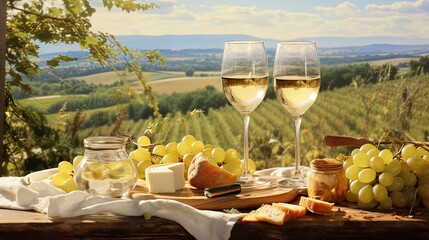 Picnic with glasses of white wine on a vineyard. Two glasses of white wine, cheese, bread, grape, berries, melon. - obrazy, fototapety, plakaty
