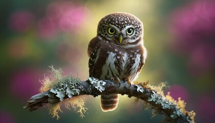 Northern Pygmy-Owl Perched. Captivating image of a Northern Pygmy-Owl perched on a mossy branch. Its yellow eyes and speckled brown plumage stand out against a softly blurred background.
