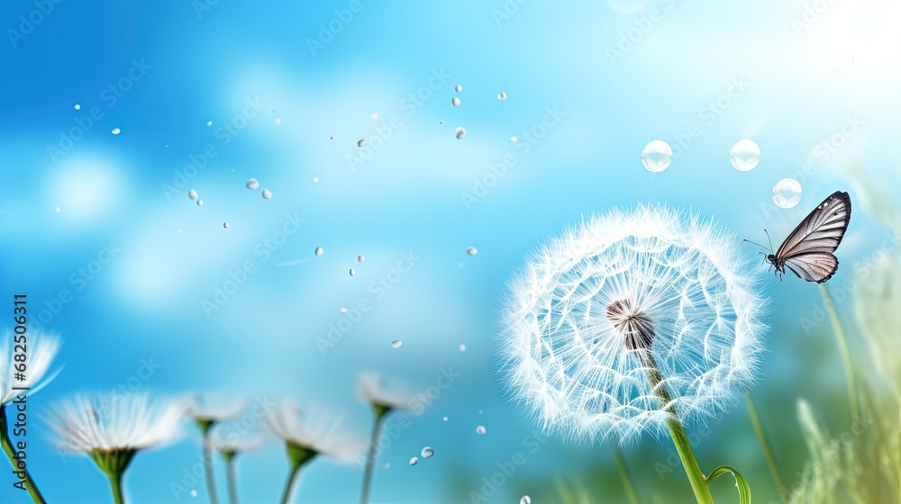 Aufkleber Natural pastel background. Morpho butterfly and dandelion. Seeds of a dandelion flower on a background of blue sky with clouds. Copy spaces