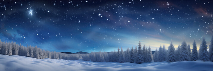 Winter panorama with snow covered fir trees and starry sky.