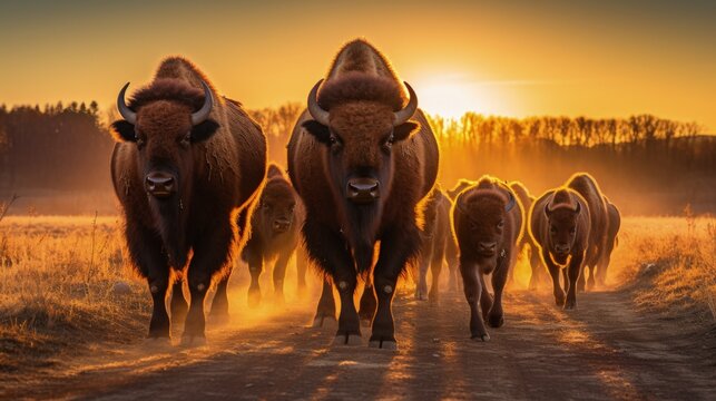 Bison herd with calves at sunrise at Fort Niobrara National Wildlife Refuge in Valentine, Nebraska, USA