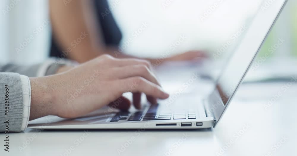 Poster hands, laptop and typing an email, agenda and networking in office, project and proposal. business p