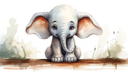  a painting of a baby elephant sitting on top of a piece of wood and looking at the camera with a sad look on it's face and a white background.