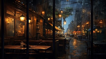an image of city lights through the window of a bustling cafe on a rainy night - obrazy, fototapety, plakaty