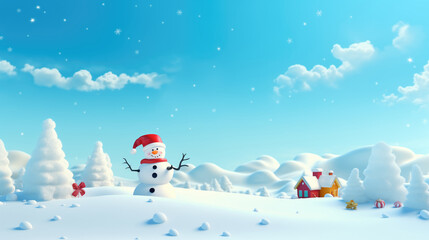 Christmas background with snowman and sunny day winter landscape