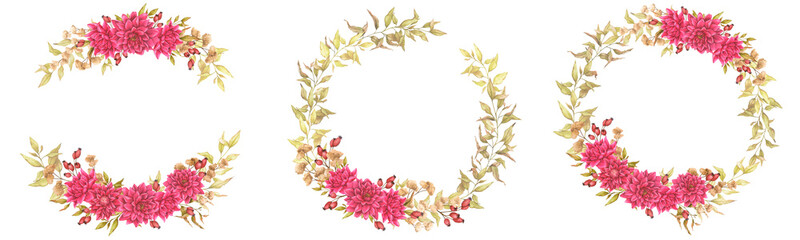 Set of watercolor wreaths with dahlias, dried flowers and rose hips. Ready-made compositions for prints, posters, cards, invitations, congratulations, packaging design. Wedding, birthday, anniversary.