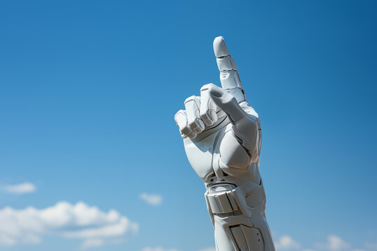  White cyborg robotic hand pointing his finger - 3D rendering isolated on free blue sky background.