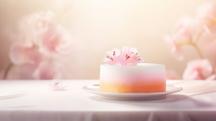  a close up of a cake on a plate on a table with pink flowers in the background and a blurry image of a table cloth with a white table cloth.