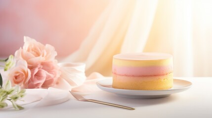 Fototapeta na wymiar a cake sitting on top of a white plate next to a pink and yellow cake on top of a white plate next to a pink and white bouquet of flowers.