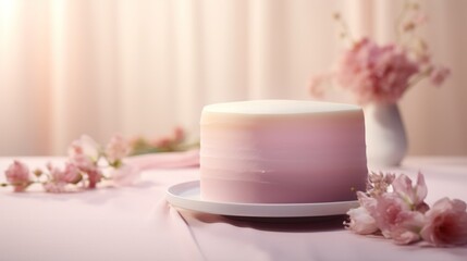 Obraz na płótnie Canvas a pink cake sitting on top of a white plate next to a vase with pink flowers on top of a white table cloth covered with a light pink table cloth.