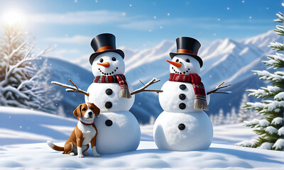 Obraz premium Winter scenery with snowmen and a dog. Generative AI