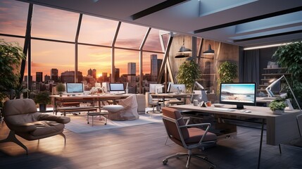 Fototapeta na wymiar Modern Office Interior Overlooking City Skyline at Sunset