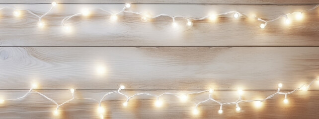 Christmas lights on white wooden background. Xmas holiday glowing garland. Space for text or product display.