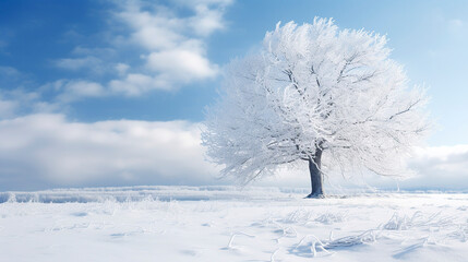 Fototapeta na wymiar Frosted white tree on frosty winter day against blue sky with gentle fluffy clouds. Snow-covered fields. Atmosphere of calm and tranquility. Copy space.