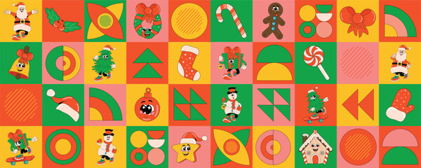 Christmas seamless pattern with elements of holiday icons Santa, Tree, snowman, gingerbread, star, ball. Modern vector illustration for wrapping paper, background, wallpaper, design, decoration.