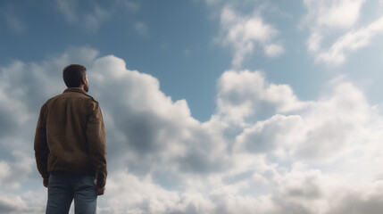 Handsome  man in casual wear standing against blue sky with clouds