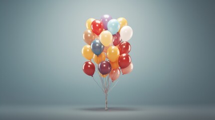 a bunch of multicolored balloons floating in the air on a stick in the middle of a room with a light blue wall behind it and a gray background.