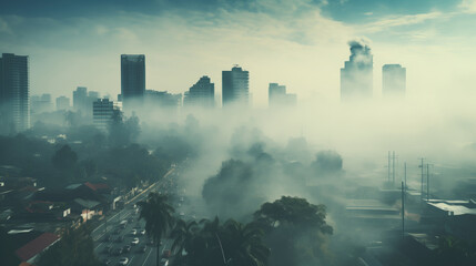 Cityscape with fog and mist in the morning. Pollution city.