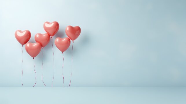  a group of heart - shaped balloons floating in the air on a light blue background with a shadow of the balloon in the middle of the photo and the balloons in the air.