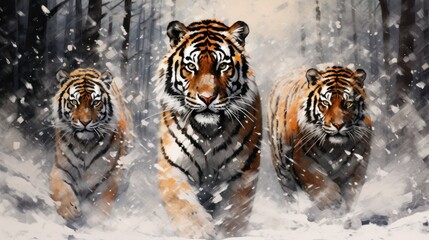 Obraz premium three tigers walking in the snow in front of a wooded area with snow on the ground and in the foreground, there are trees and snow on the ground.