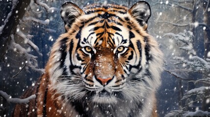  a tiger standing in the snow in front of a forest filled with lots of trees and snow covered with a dusting of snow on the ground and the top of the tiger's head.